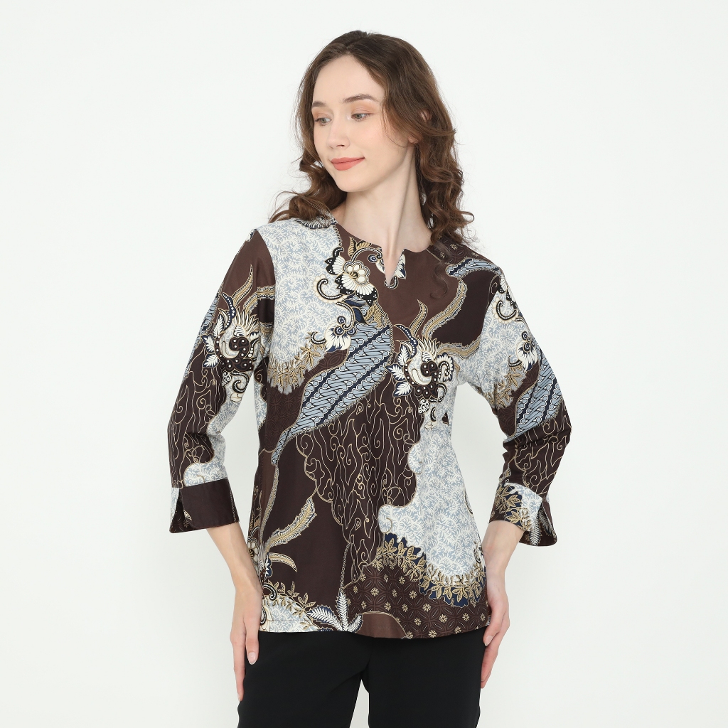 Blouse Batik Wanita Atasan Batik Wanita Lengan Panjang Warna Coklat OLR294