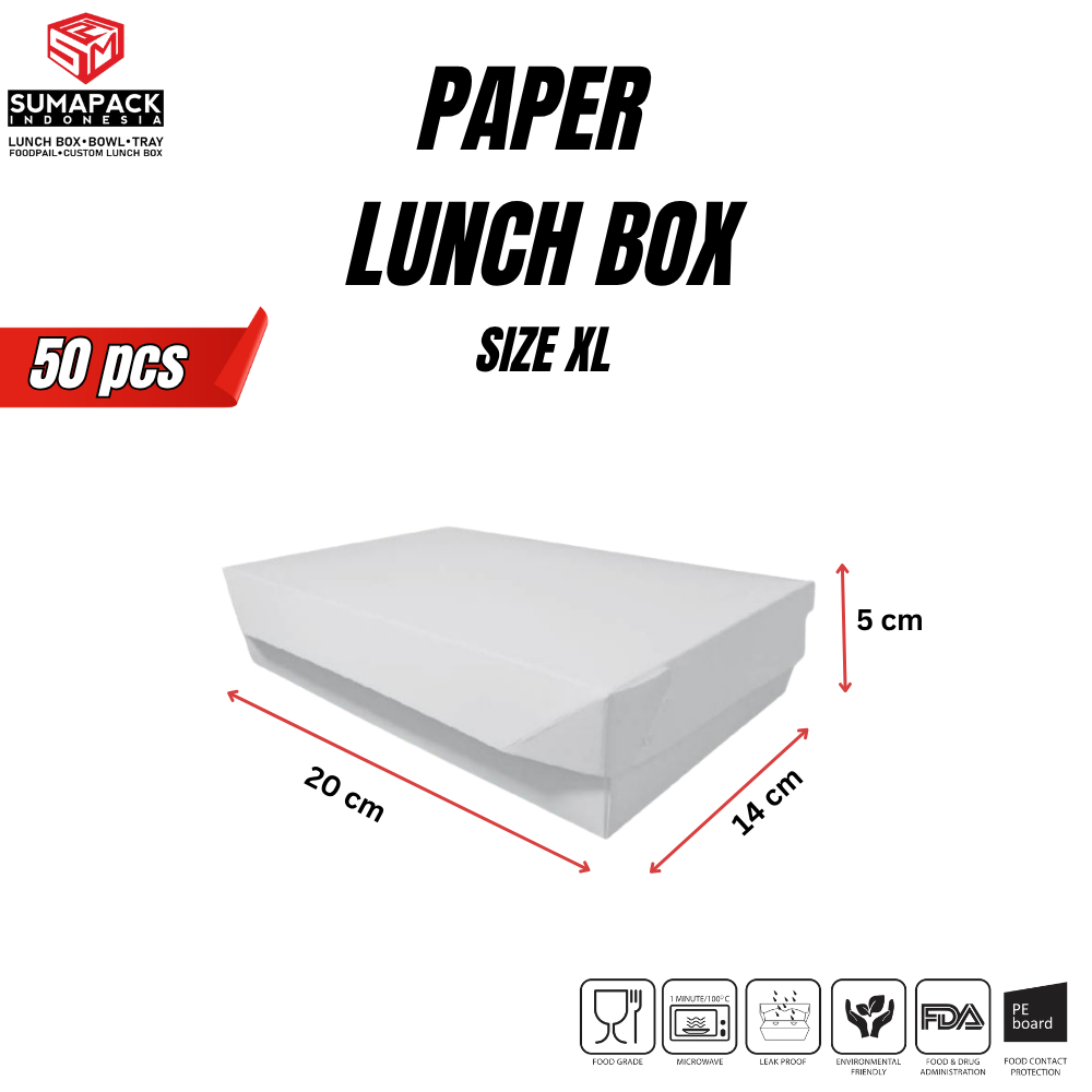 (1 PACK ISI 50 PCS) Paper Lunch Box XL | Lunch Box Extra Large Putih Polos | Dus Nasi Kotak Besar