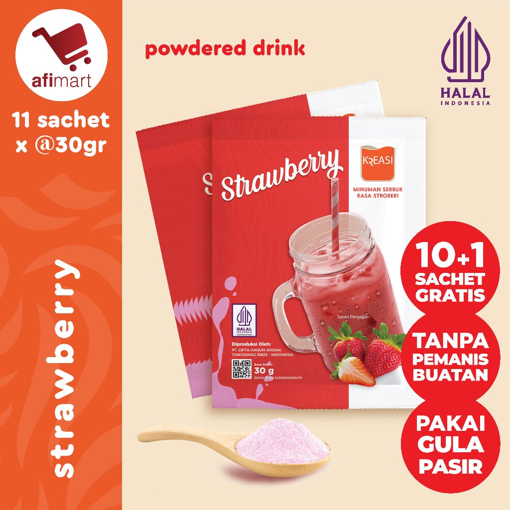 

Kreasi Bubuk Strawberry 10+1 Sachet x @30gr / Minuman bubuk Rasa Stroberi