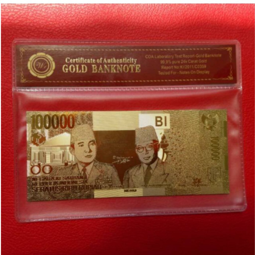 Souvenir Uang 100 Ribu Gold Foil Indonesia | Replika Edisi Koleksi Bung Karno + Sertifikat
