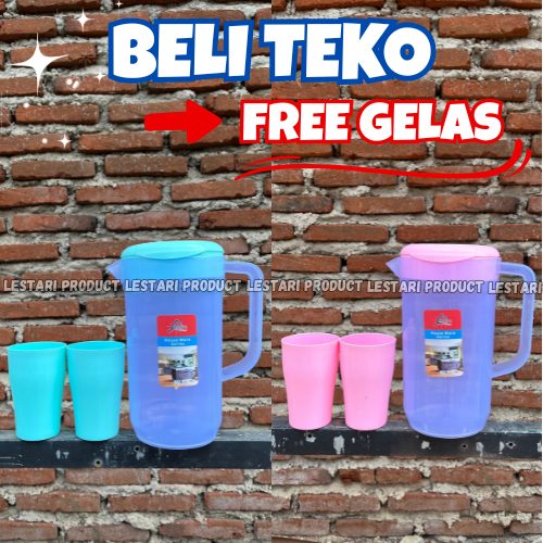 1 PCS TEKO PLASTIK ALEXISH 2,1 Liter FREE 2 GELAS PLASTIK| Tempat Penyimpanan Air Minum Plastik | Te