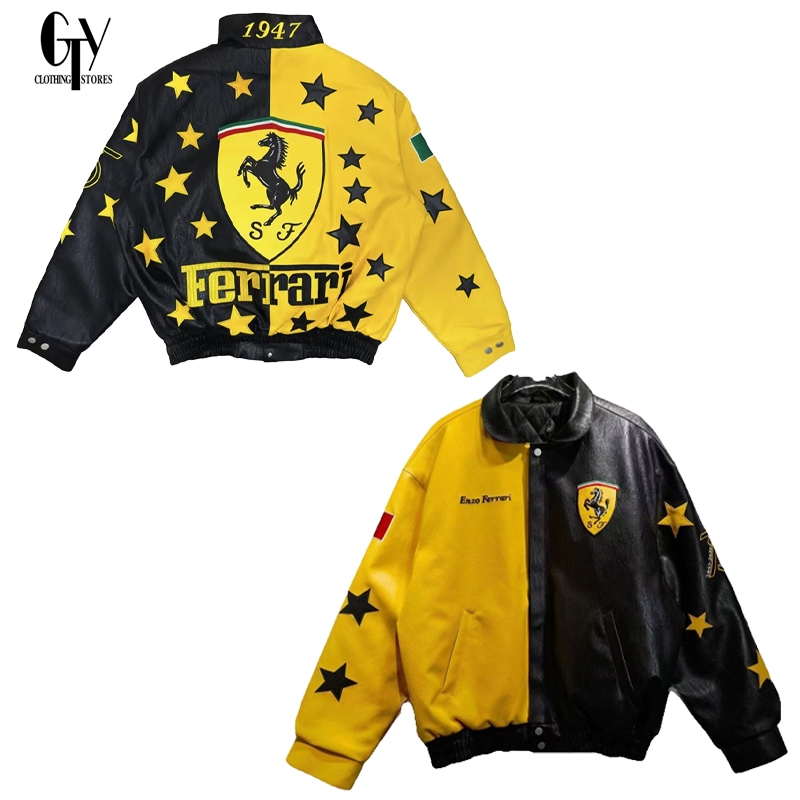 GTY Jaket Kulit Vintage Pria Ferrari F1 Racing Bordir Premium Lengan Panjang Berkancing Originals Ja