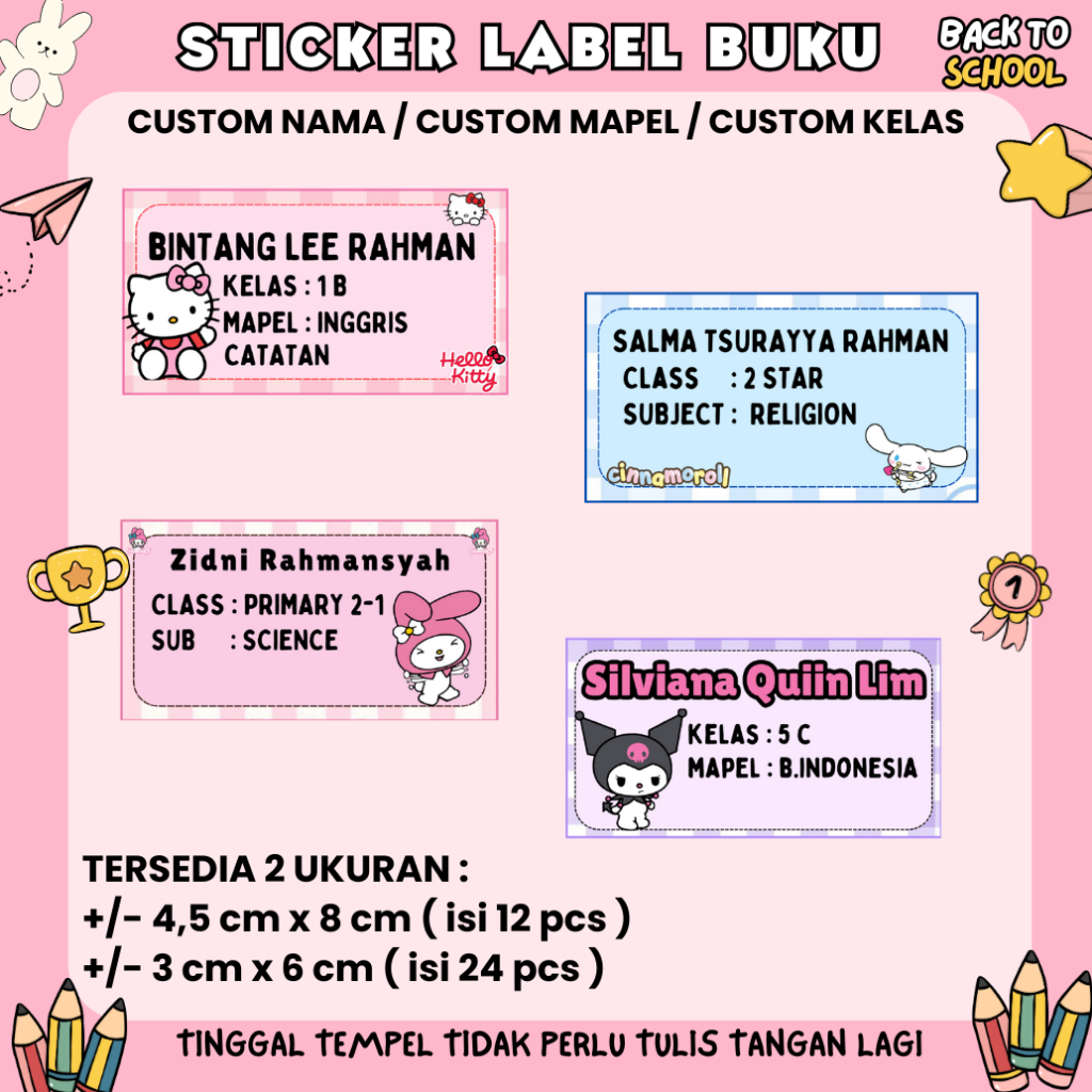 

[ BACK TO SCHOOL ] STICKER LABEL BUKU CUSTOM ( 12 PCS & 24 PCS ) / STICKER NAMA SANRIO / STICKER ANAK SEKOLAH / STICKER LUCU / STICKER BUKU MAPEL / CUSTOM NAMA HELLO KITTY KUROMI CINNAMOROLL MELODY