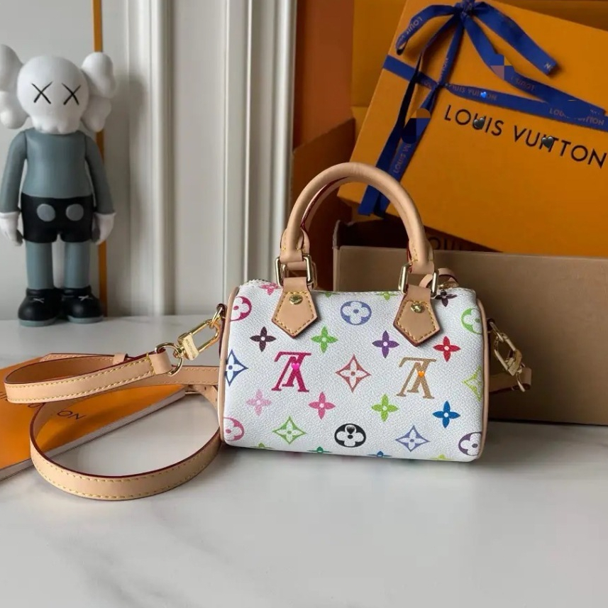 Pre Order Tas Mini Selempang Nano Speedy White Monogram Elegan Bahan Kanvas Kulit Asli Bisa Jinjing 