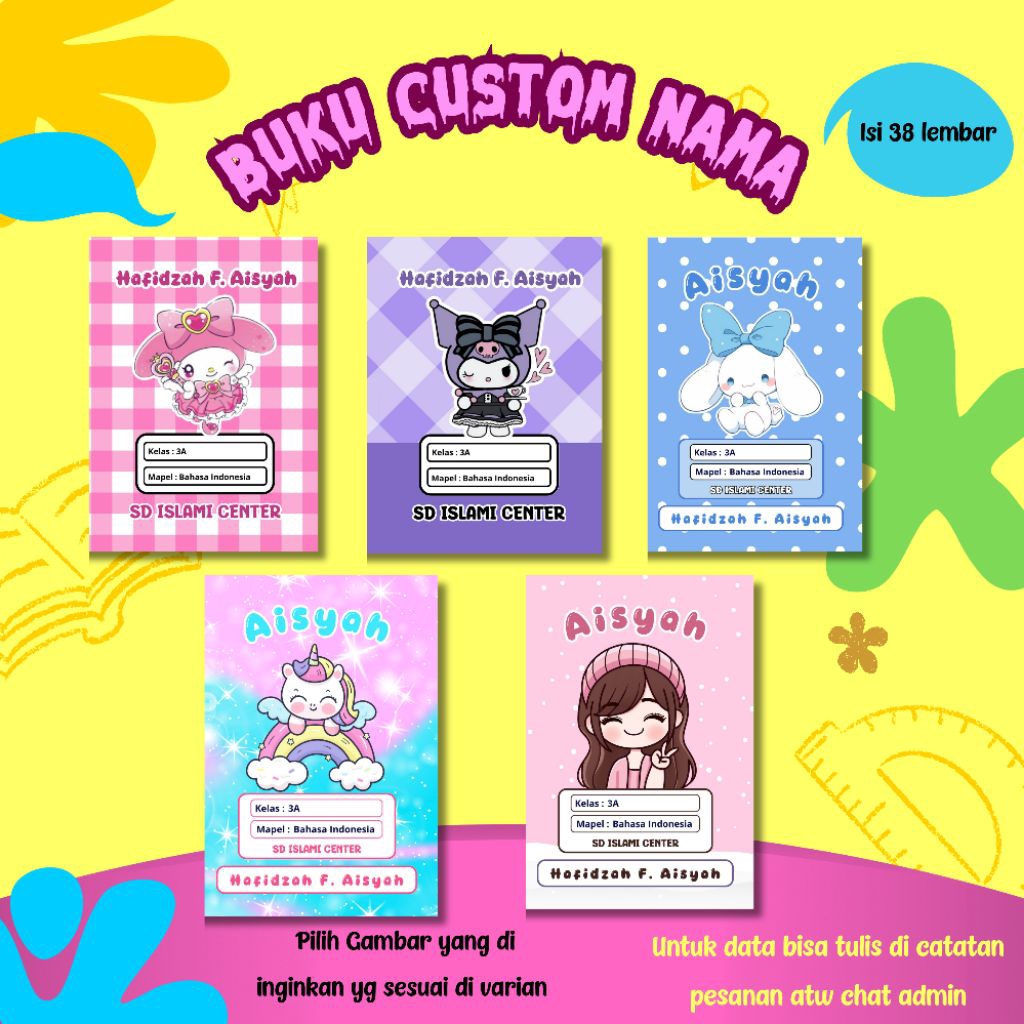 

Part 1/ Buku Tulis Custom Nama dan Sekolah/Buku karakter lucu/isi 38 lembar/Tema Cewek