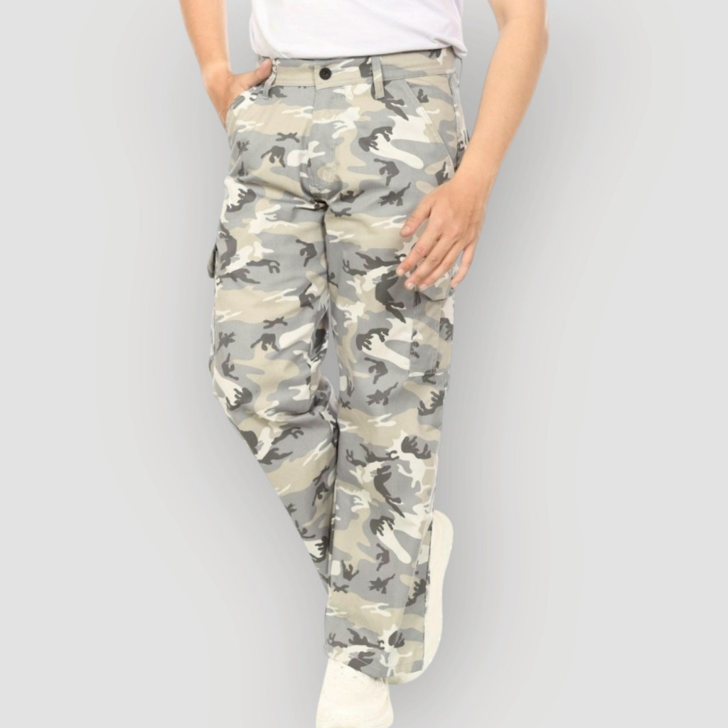 WOKER - Celana Panjang Cargo Loreng Putih Loose Fit Gombrang Pria Ukuran 27-40 Original