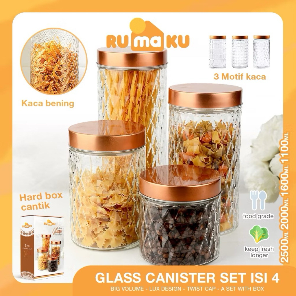 RUMAKU Toples Kaca Lebaran Set 4 Pcs Toples Kue Snack Toples Bumbu Aesthetic