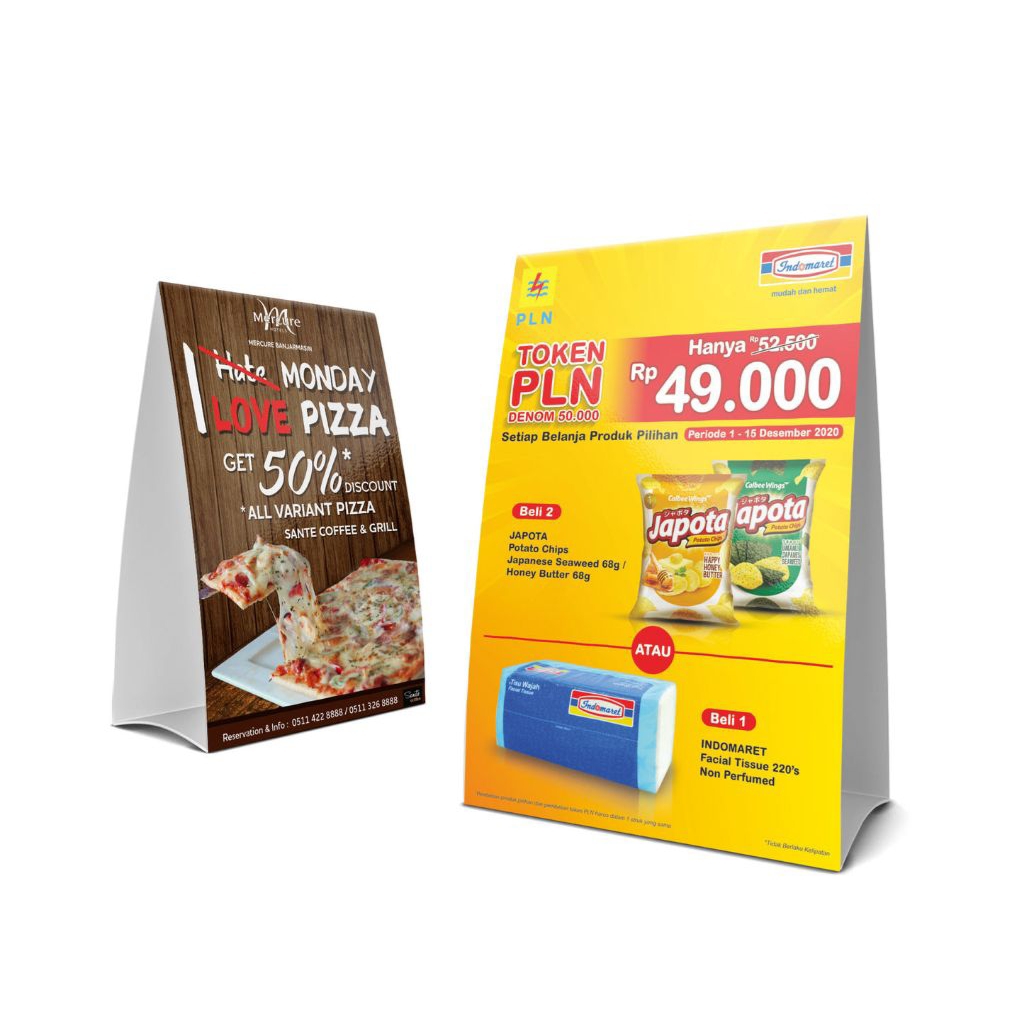 

Custome.id | TentCard | Standing Card Lipat Segitiga | Media Promosi Meja