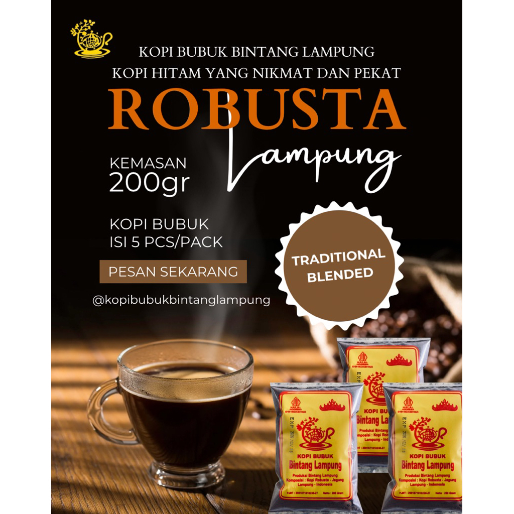 

Kopi Lampung Satuan | kemasan 200gr | 90gr | 50gr Kopi Bintang Lampung Produksi Bintang Lampung