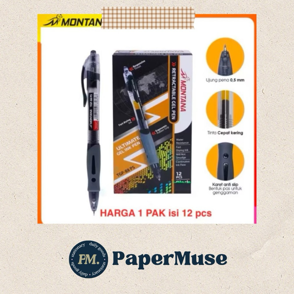 

Pulpen Click pen / Gel Pen 0,5mm Montana TGP-88 PS isi 12 Pcs