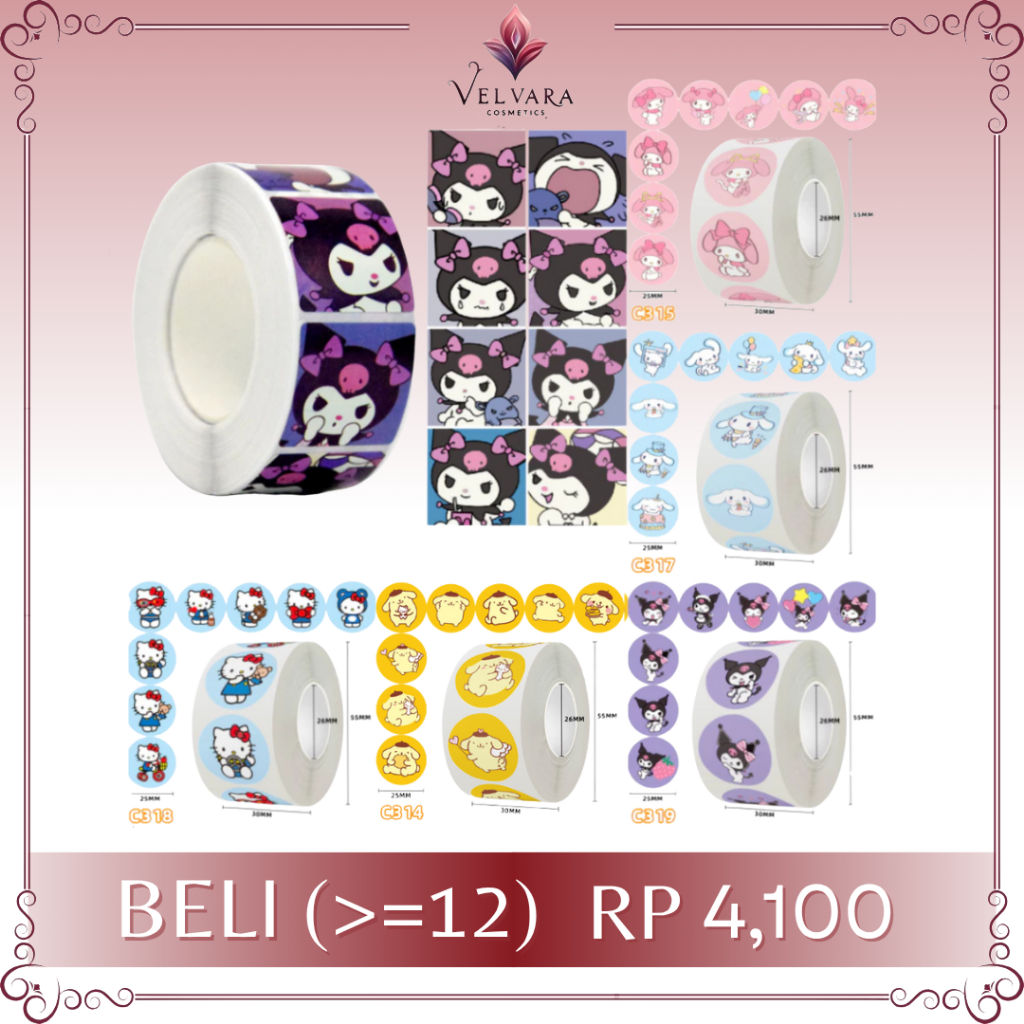 

500 Pcs Stiker Roll Sanrio Karakter Bulat Kuromi Melody Hello Kitty Purin Cinnamon Lucu ST001