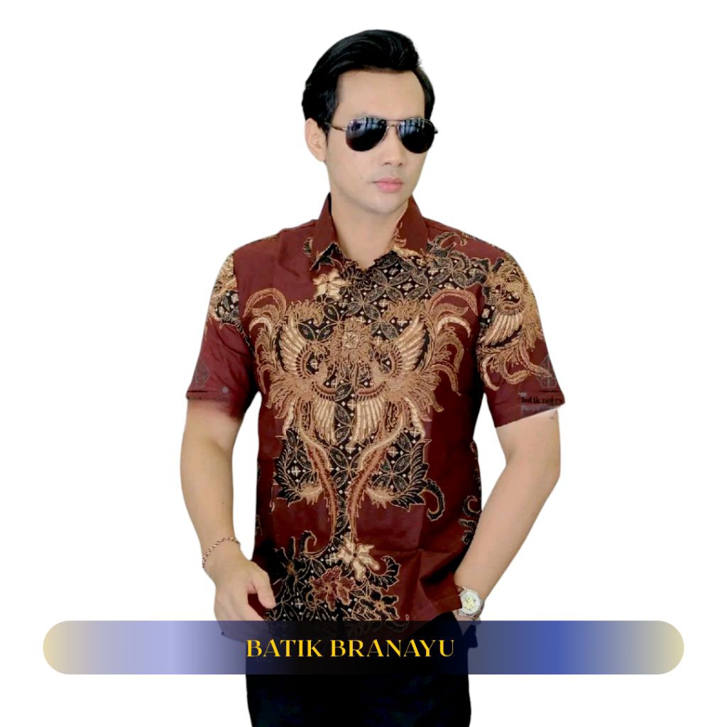 Branayu Batik Pria Lengan PENDEK Slim Fit batik garudo Merah Burgundi Keris Modern Premium Baju Atas