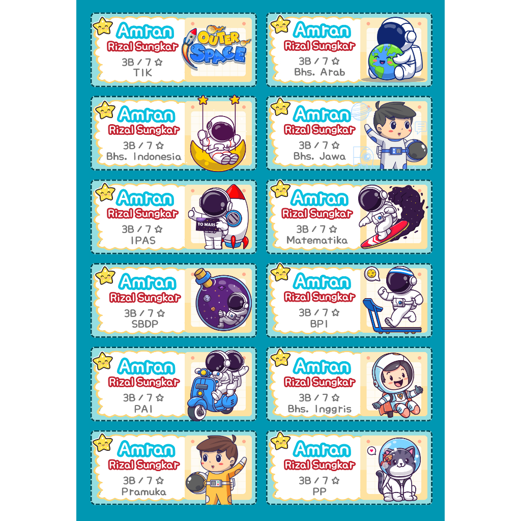 

Sticker Label Nama Buku isi 12pcs (Ukuran 9.5 x 4.3 cm) - Tema Astronot Roblox Super Mario Pokemon Dsb - Tema Boy Anak Laki-Laki