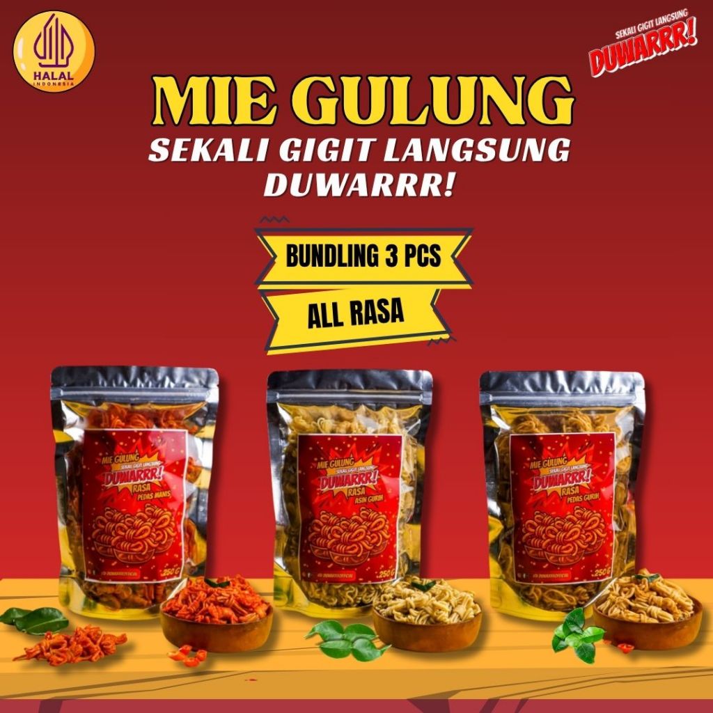 

Bundling Semua Rasa 3pcs 250g Mie Gulung DUWARRR Original Pedas Manis Pedas Asin Renyah Gurih