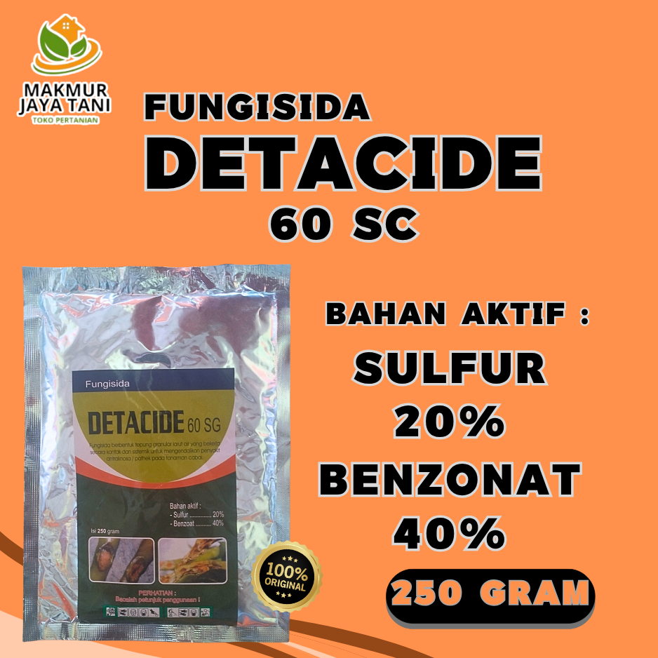 FUNGISIDA DETACIDE 60 SG SULFUR 20% + BENZONAT 40% ISI 250 GRAM PENGENDALI PATHEK CABAI