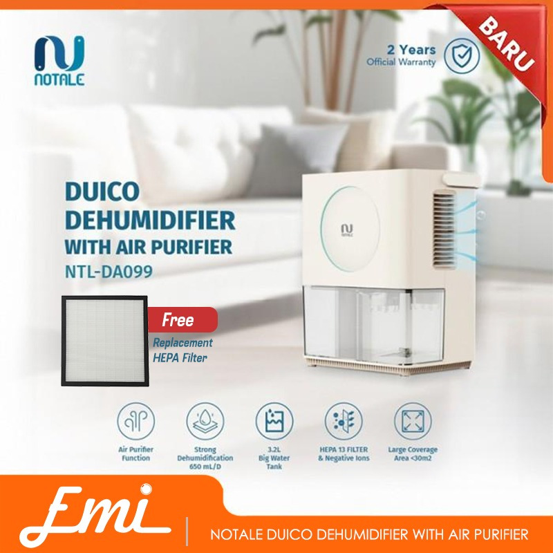 Notale Duico Dehumidifier with Air Purifier - Pembersih dan Penyerap Lembab Ruangan, Putih, 30 m²