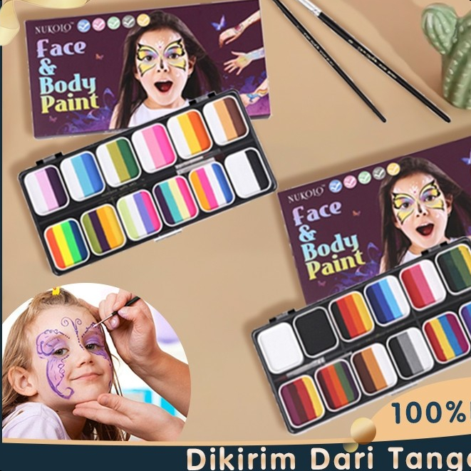 

Cat Air Wajah Face Painting Anak Makeup Palette Cat Face Paintng Kit ,12 Color + 2 Brush , Aman dan