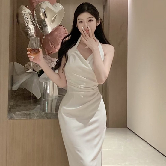 baju white dress simple elegant casual dress korean style press body midi dress sexy wanita halter b