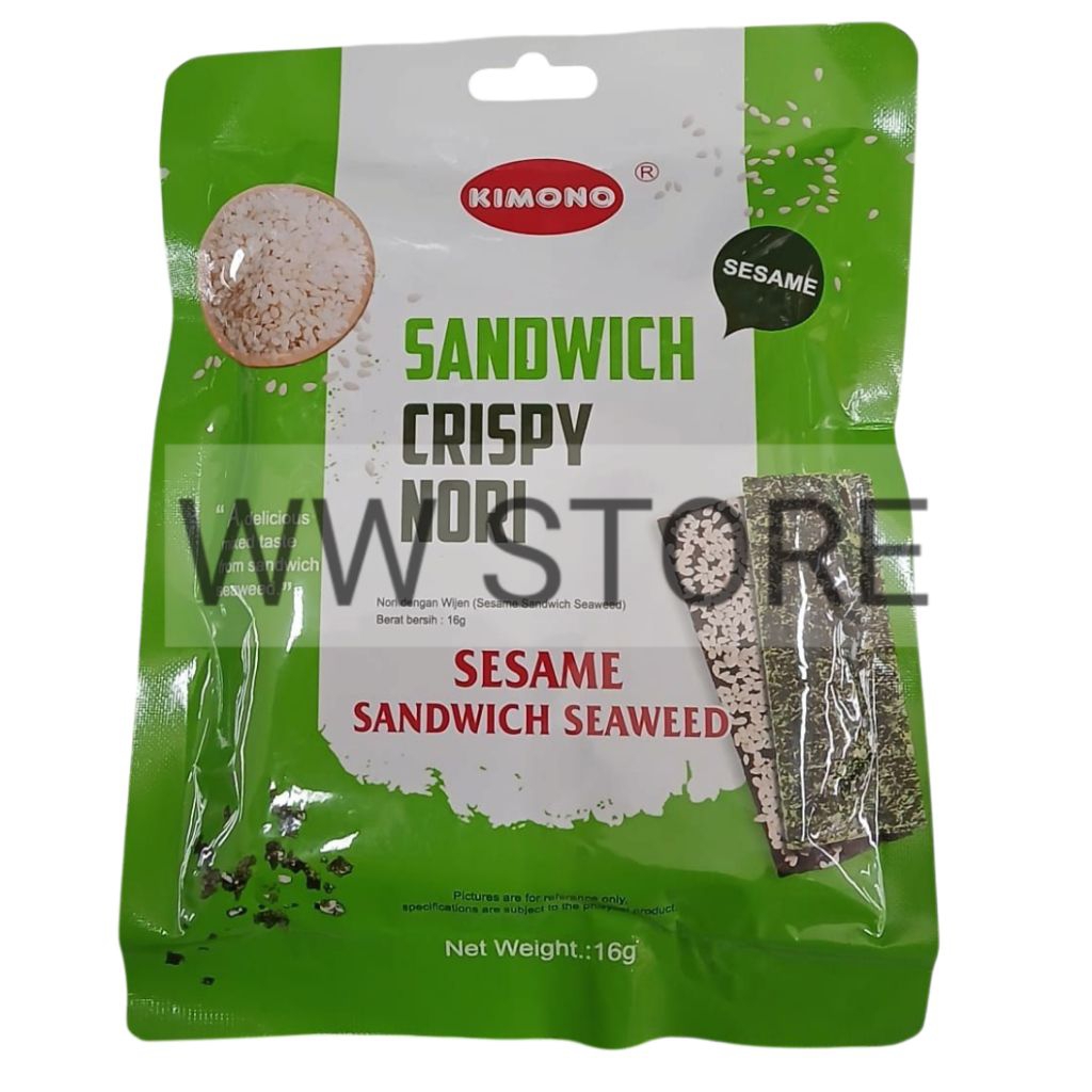 

Cemilan snek makanan ringan rumput laut garing dengan wijen KIMONO BRAND Sesame Sandwich Crispy Nori Seaweed 16g