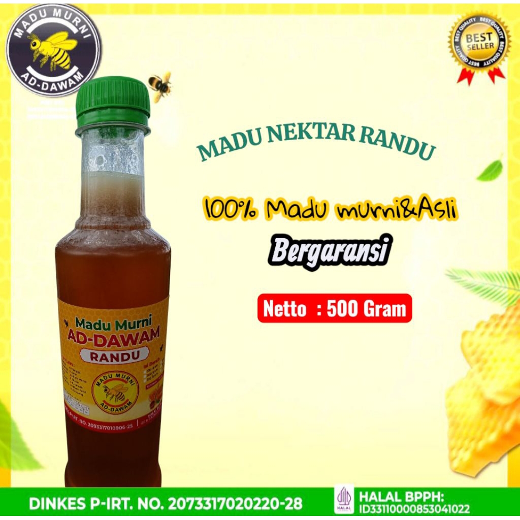 Madu Randu 500 gram Madu murni asli terjamin bersertifikat halal BPJH,BPOM PIRT,ber NIB | Addawam Ra