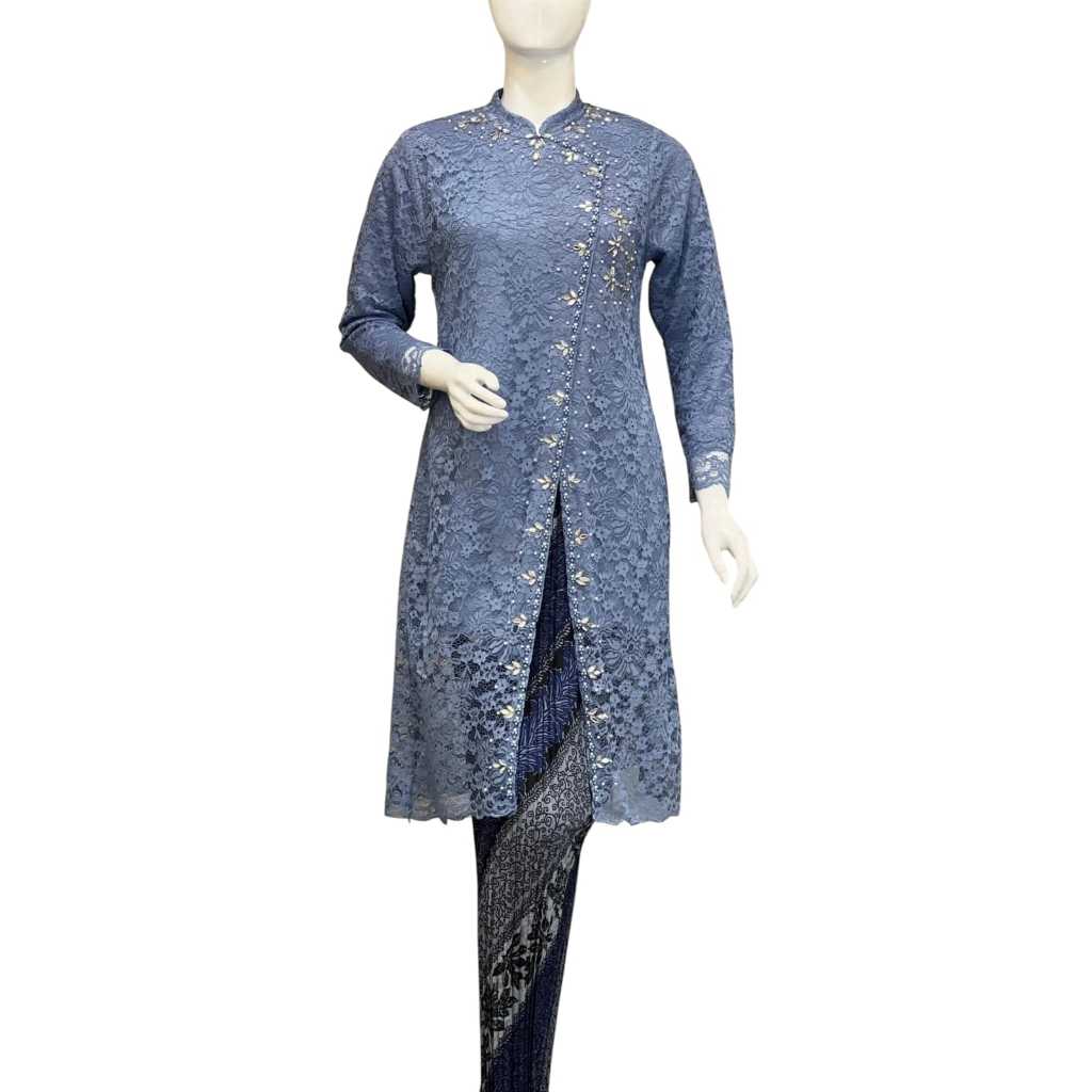 Kebaya Janggan Tunik Brokat Abu Biru Elegan + Rok Batik – Untuk Wisuda, Kondangan & Pesta Set Kebaya