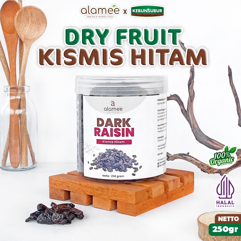 

ALAMEE Dark Raisin Cemilan Buah Sehat Kismis Hitam Manis Dried Fruit Black Raisin 250gr kebunsubur