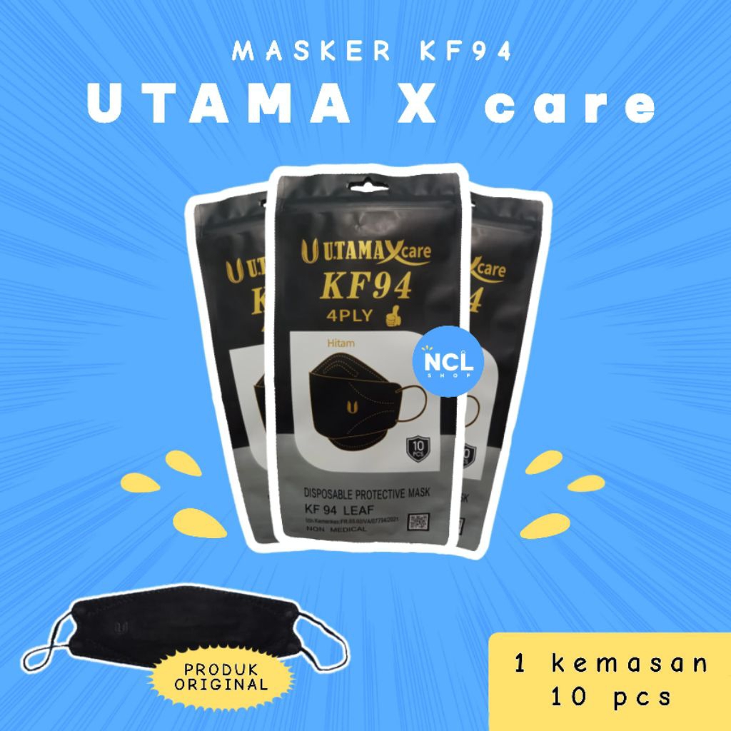 Masker UtamaXcare KF94 [HITAM] Produk Original 4 ply (1kemasan=10pcs)