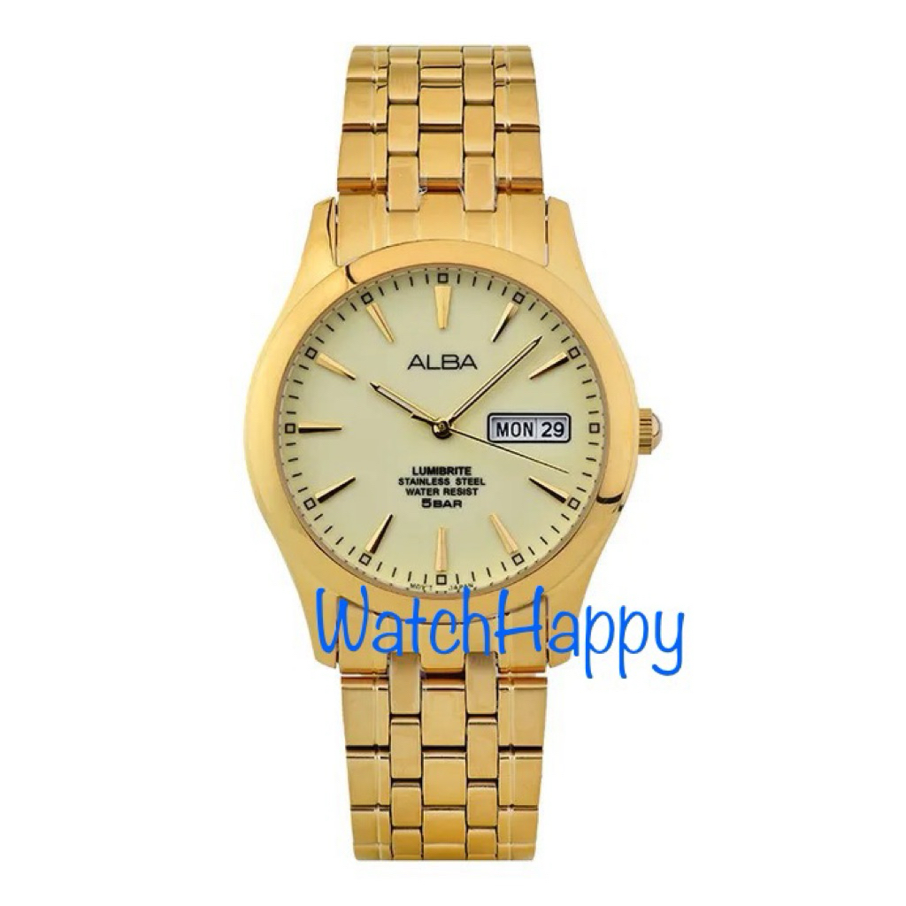 JAM TANGAN ANALOG PRIA ALBA AXND46X1 / AXND46 / AXND46X LUMIBRITE DIAL QUARTZ MOVEMENT DAY DATE GOLD