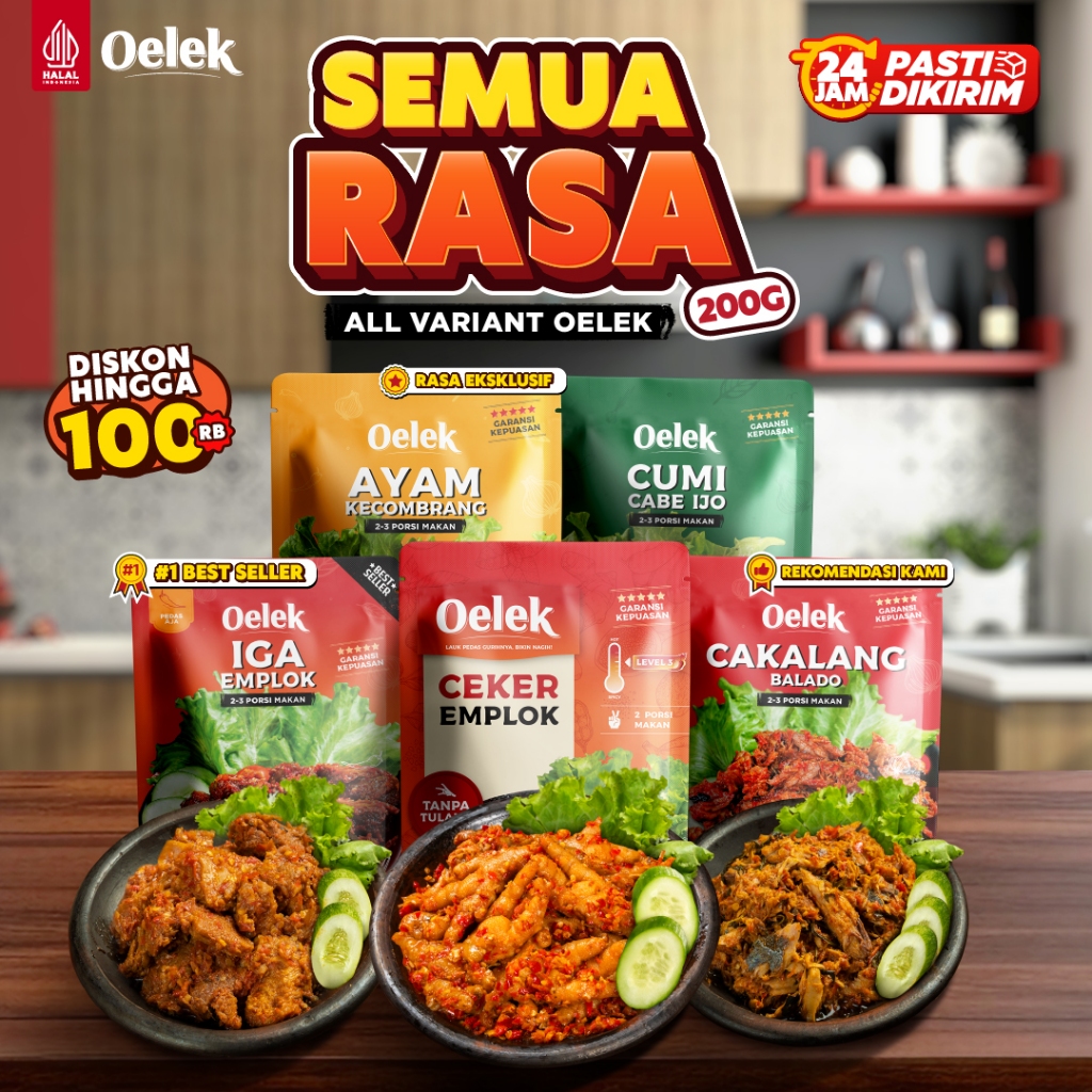 

[DAPAT ALL VARIAN] Oelek Paket All Varian Lauk Ukuran Besar 200gr / Iga Emplok / Ayam Kecombrang / Cakalang Balado / Cumi Cabe Ijo / Cumi Jeletot / Ceker Emplok / Lauk Siap Saji / Halal