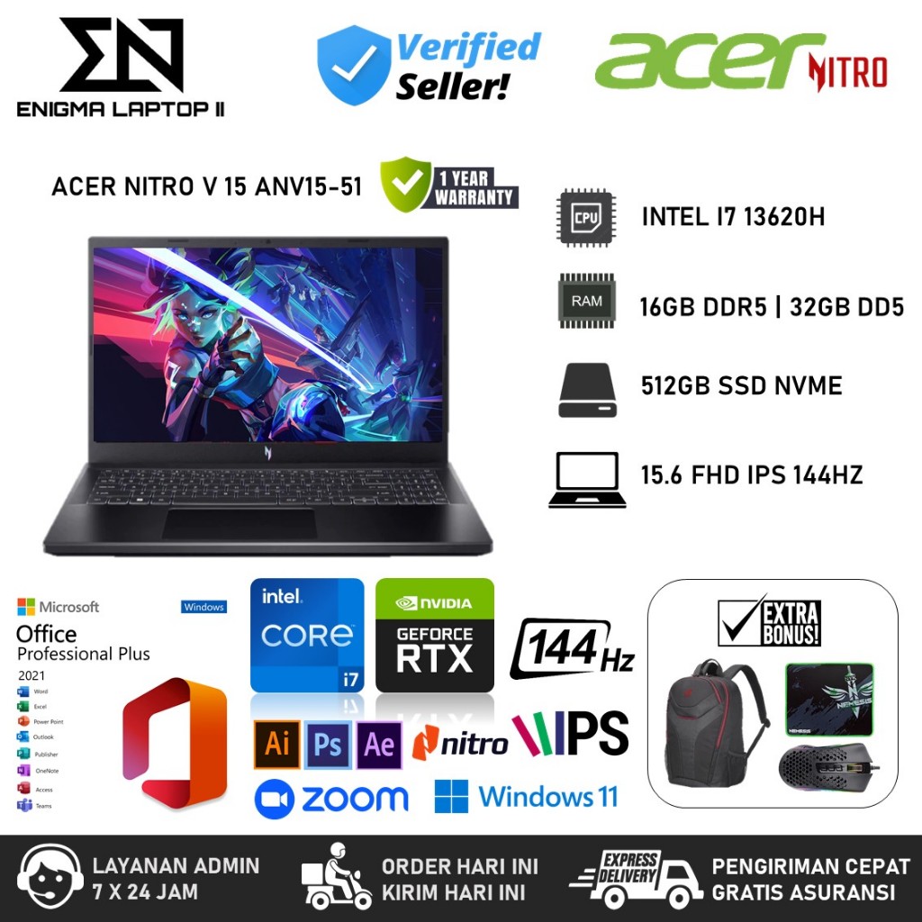 Laptop Acer Nitro V 15 Anv15-51 Intel I7 13620h 64gb Ddr5 2tb Rtx4050-6gb 15.6 Fhd Ips 144hz