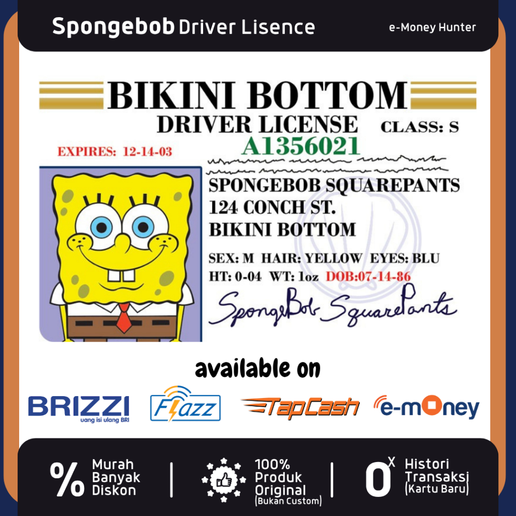 SPONGEBOB Driver License SIM Spongebob Custom Doff eMoney Flazz TapCash Brizzi eToll NFC