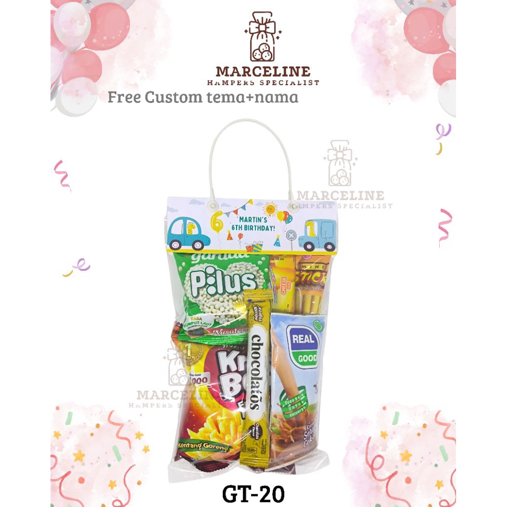 

Hampers ulangtahun ultah anak murah. bingkisan snack ultah anak free design.