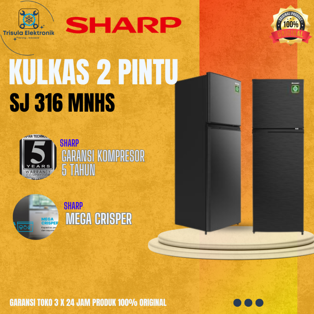 Sharp Kulkas 2 Pintu SJ 316MN HS, Low Watt 237 Liter Freezer Jumbo - No Frost Warna Dark Grey Kirei