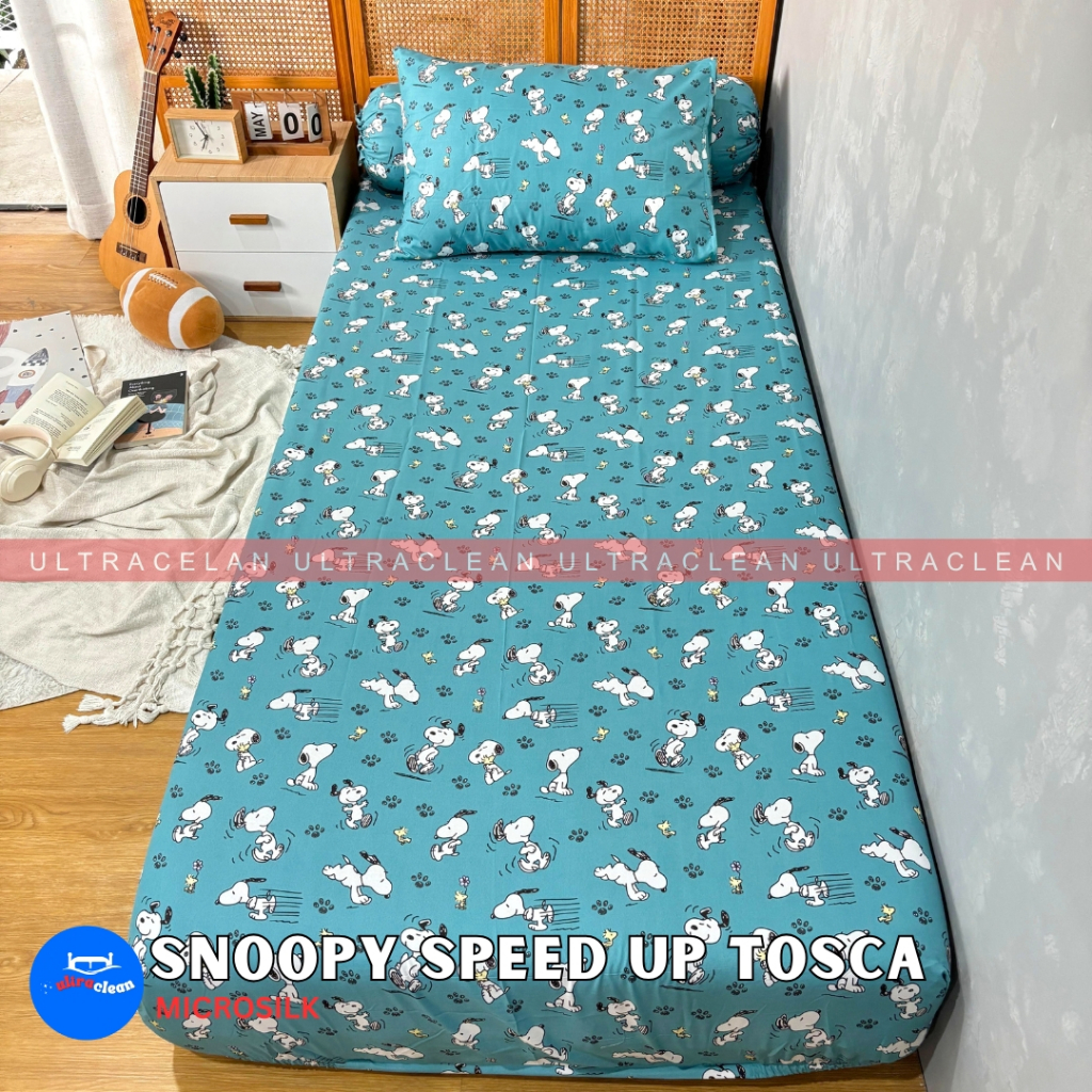 Sprei Bamboo Organic Motif Snoopy speed up tosca Tinggi 20cm sampai 40cm Ukuran Size 90x200 100x200 