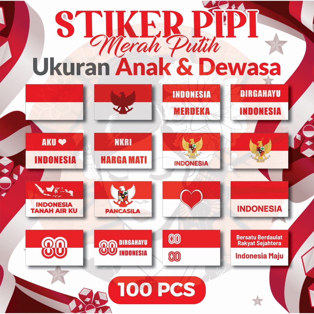 

Stiker Pipi Bendera 100 Pcs / Sticker Merah Putih / Sticker Bendera Tempel Pipi / Anak Dewasa