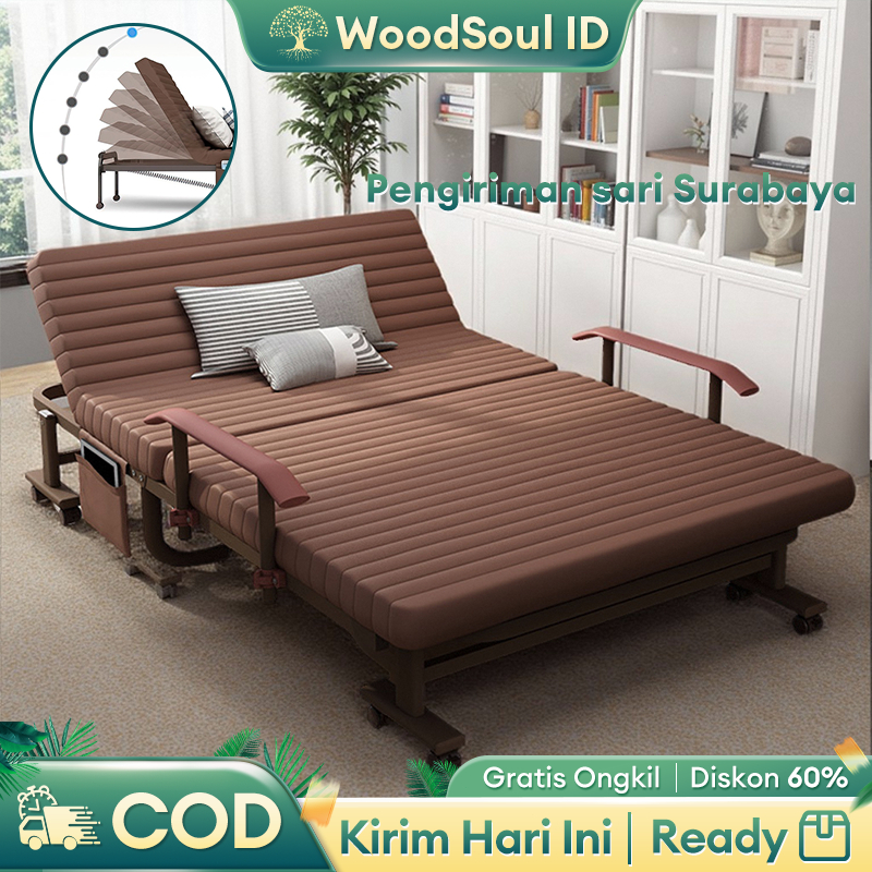 Tempat Tidur Lipat Lansia Portable Folding Bed Ranjang Lipat Multifungsi Dengan Sandaran Tangan Roda