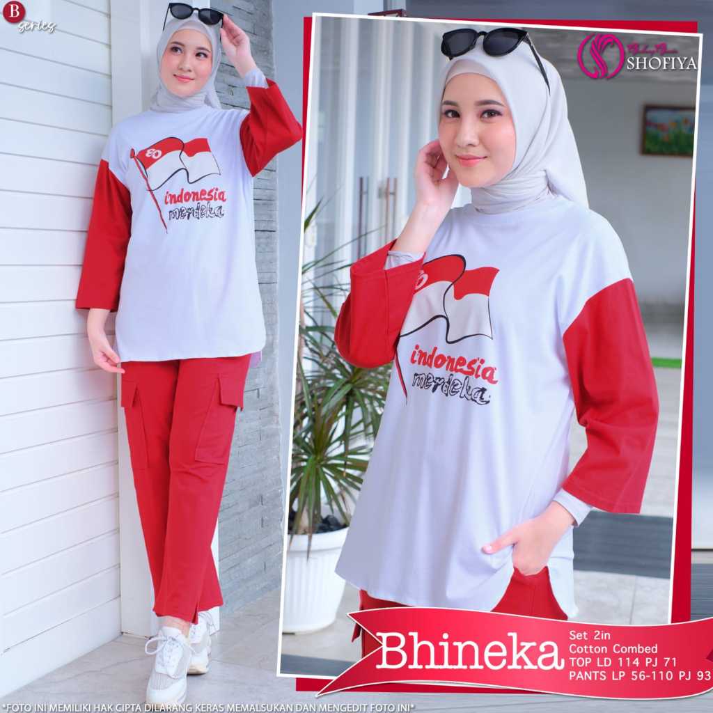 Bhineka setcel setelan celana kargo  kaos wanita jumbo ld 114 katun combed polos merah putih terbaru
