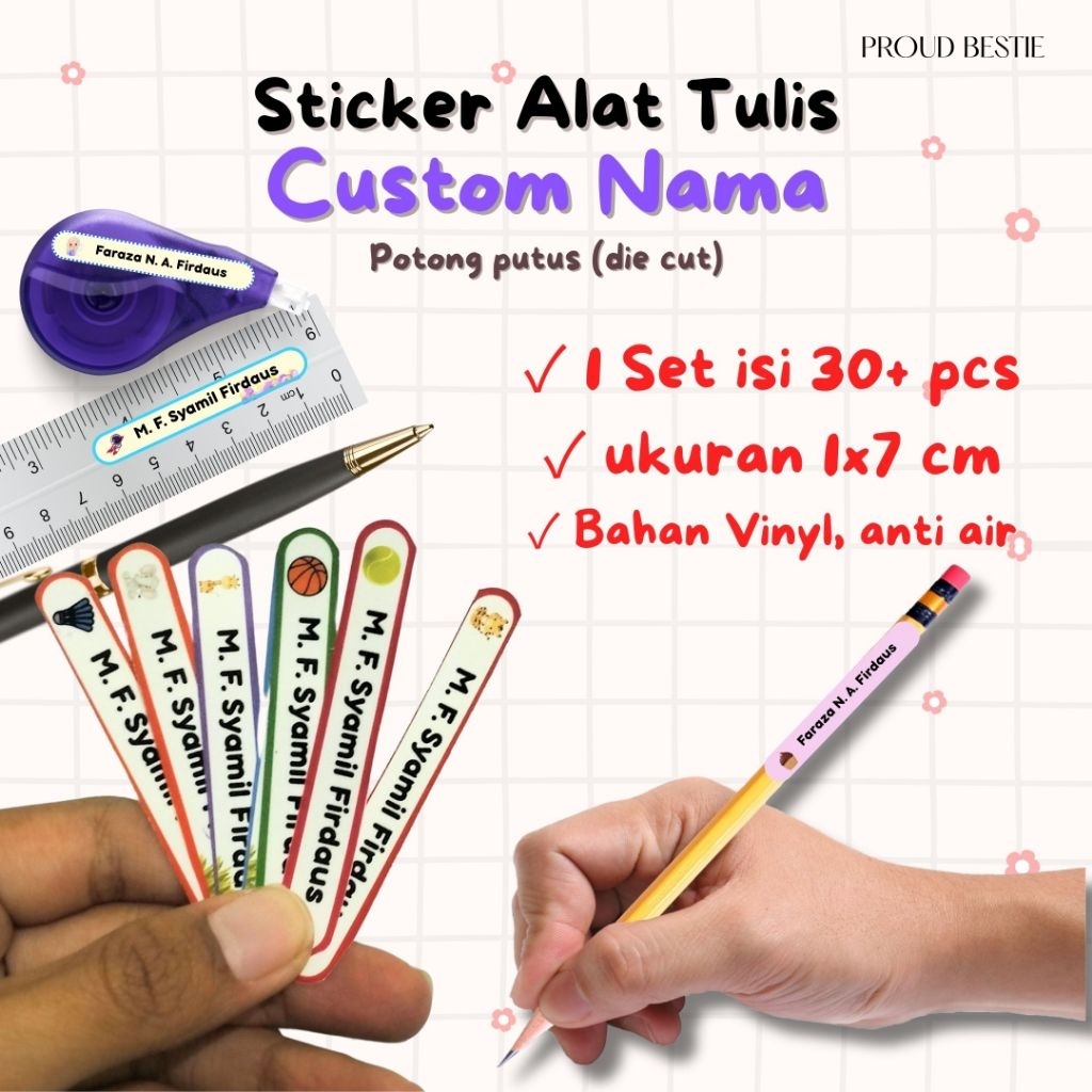 

PROUD BESTIE | (isi 30+ pcs) Sticker Alat Tulis Custom Nama | ukuran kecil, Label Nama Pensil – Motif Kartun Lucu