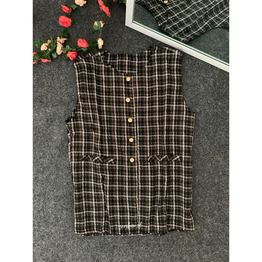 Vest tweed-vest kancing-vest wanita