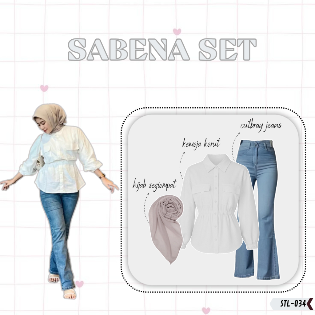 Cutbray set 3in1 Sabena STL-034 [ Celana jeans cutbray + Kemeja linen kerut+ Hijab segiempat ] Outfi