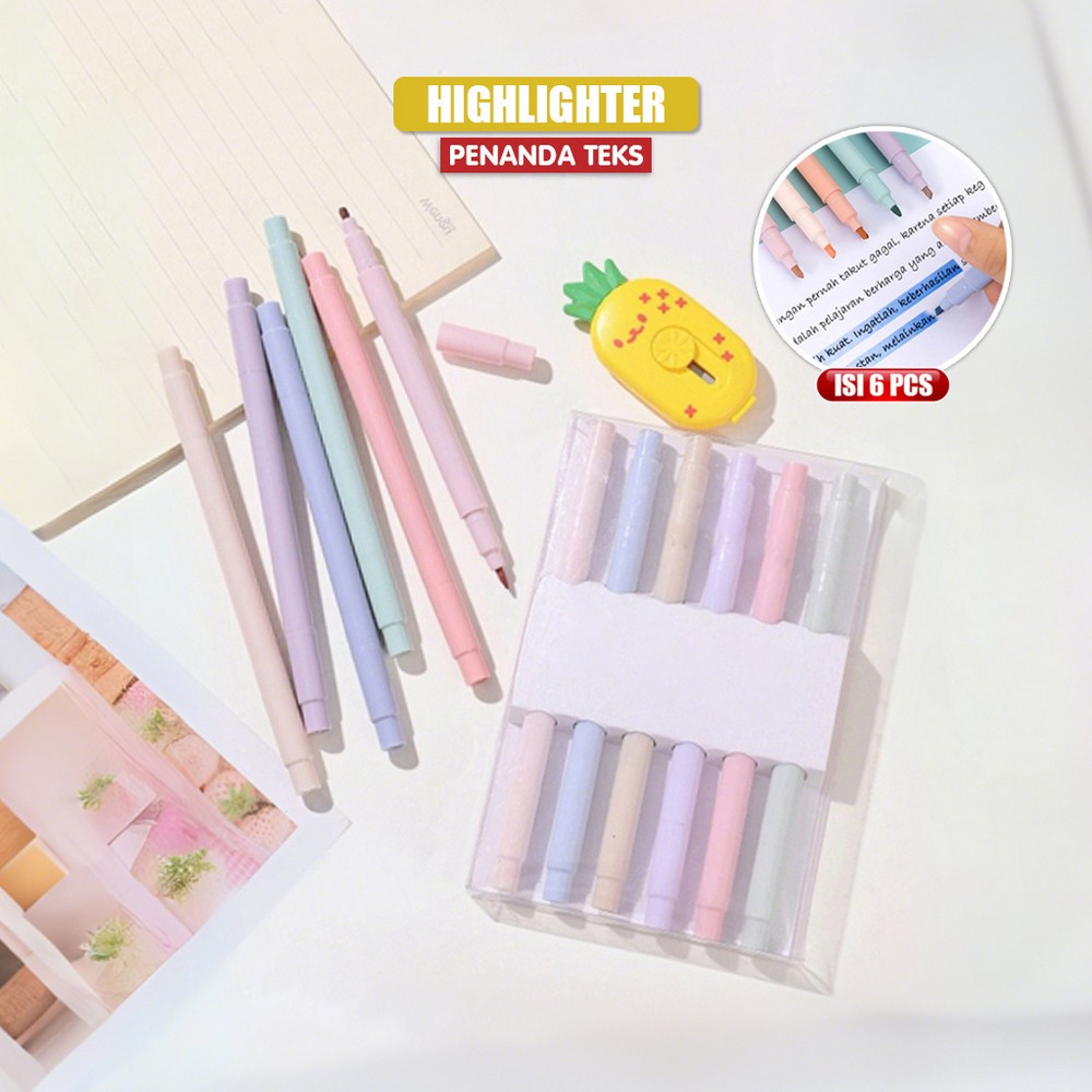 

EC Highlighter Set Isi 6pcs Double Tip Warna Pastel Motif Polos / Penanda Teks Buku Siswa Spidol Pen Marker Dua Sisi Alat Tulis Sekolah Stockami A116