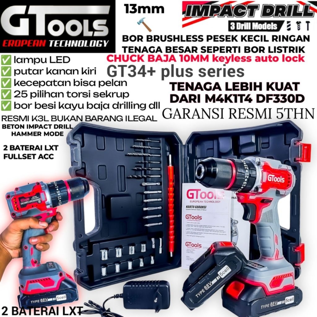 GTOOLS GT34+ BOR CORDLESS 10MM KEYLESS 2BATRAI KOPER