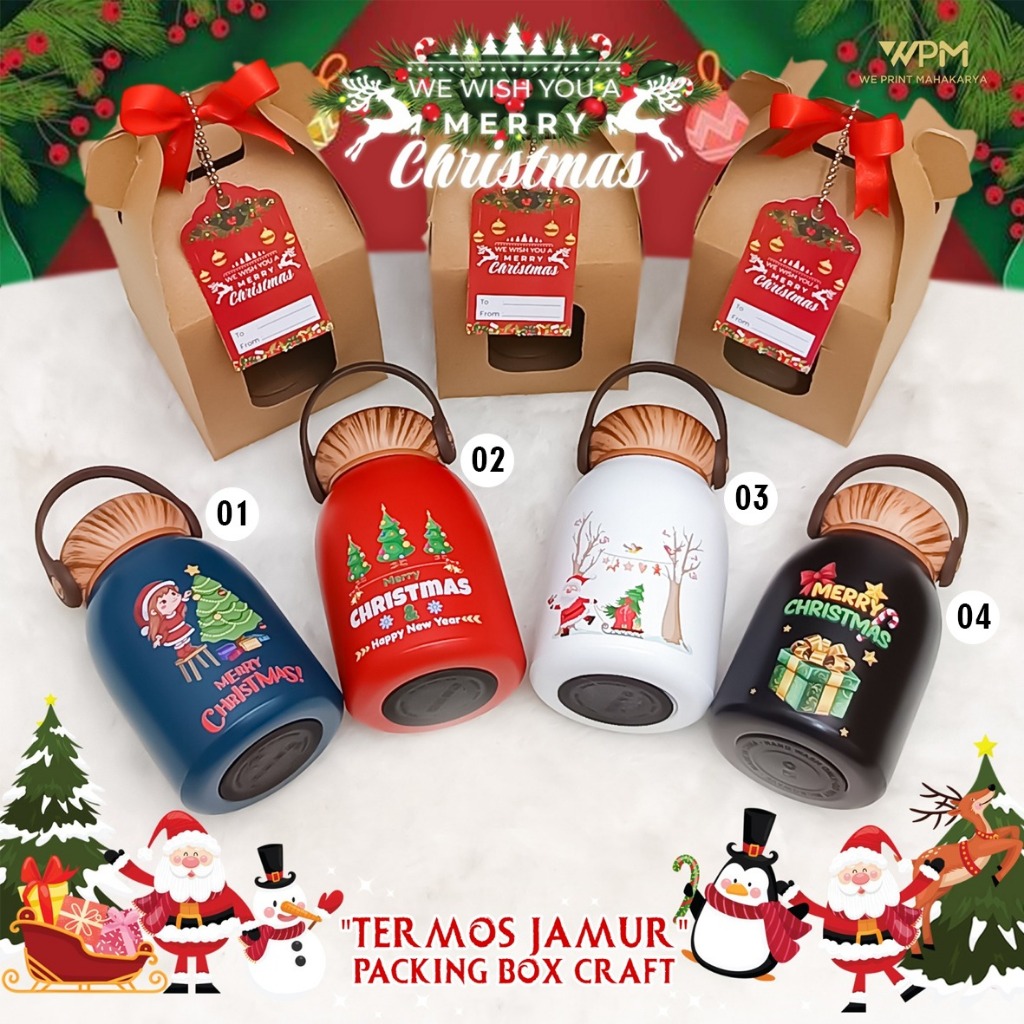 PAKET SOUVENIR NATAL / TERMOS MINI NATAL / PAKET TERMOS MINI JAMUR NATAL BOX COKLAT / / SOUVENIR TER