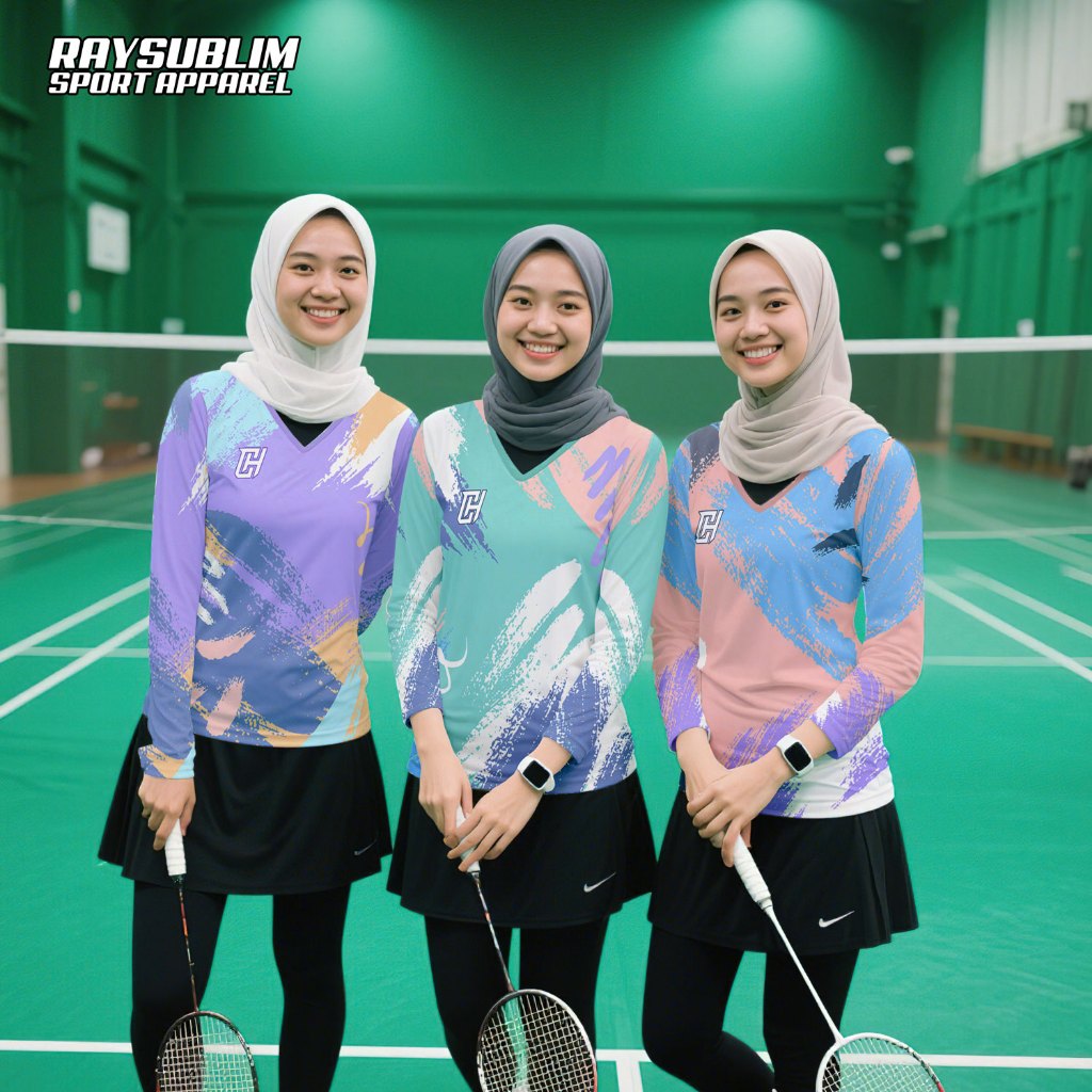 Jersey Badminton Wanita Kaos Jersey Badminton Wanita Lengan Panjang Motif Printing Custom Nama Hijab
