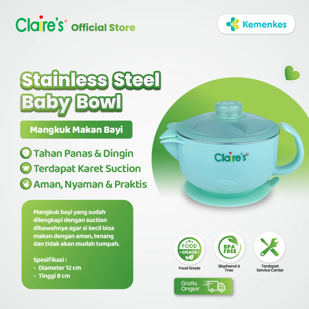 Claire's Stainless Steel Baby Bowl ( Kids stainless steel suction bowl with hot water tank / Mangkuk