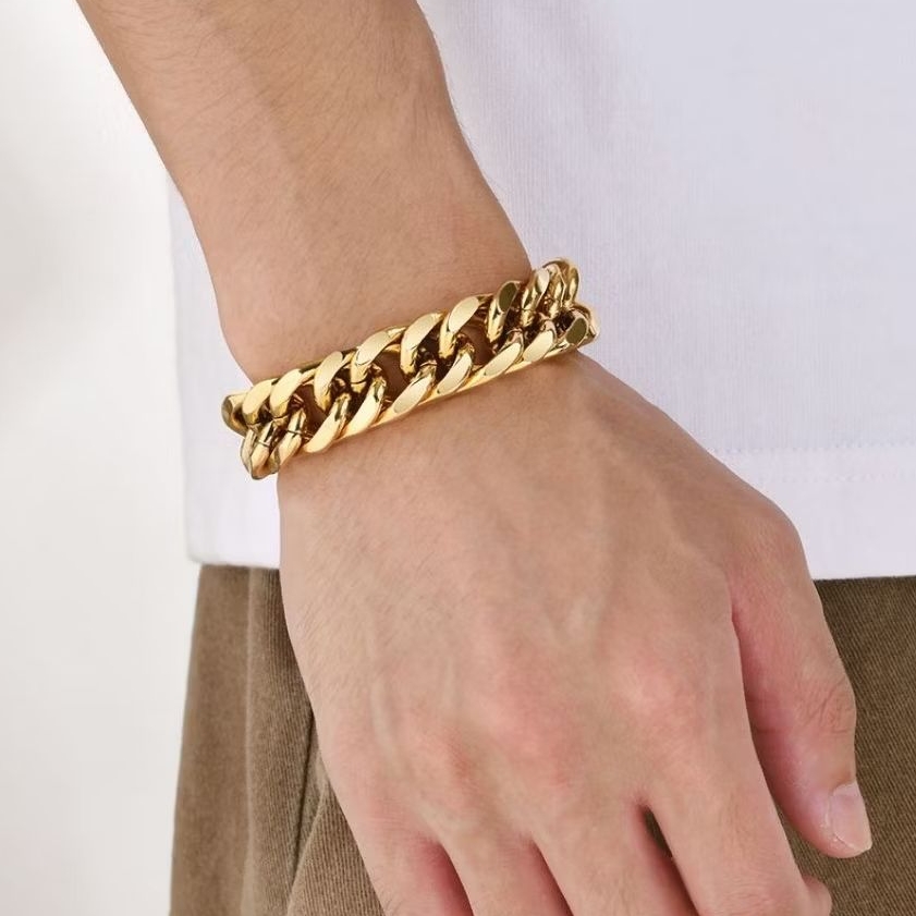 Gelang rantai titanium gold lapis emas 24 k Asli anti luntur, anti karat cocok untuk perhiasan pria&