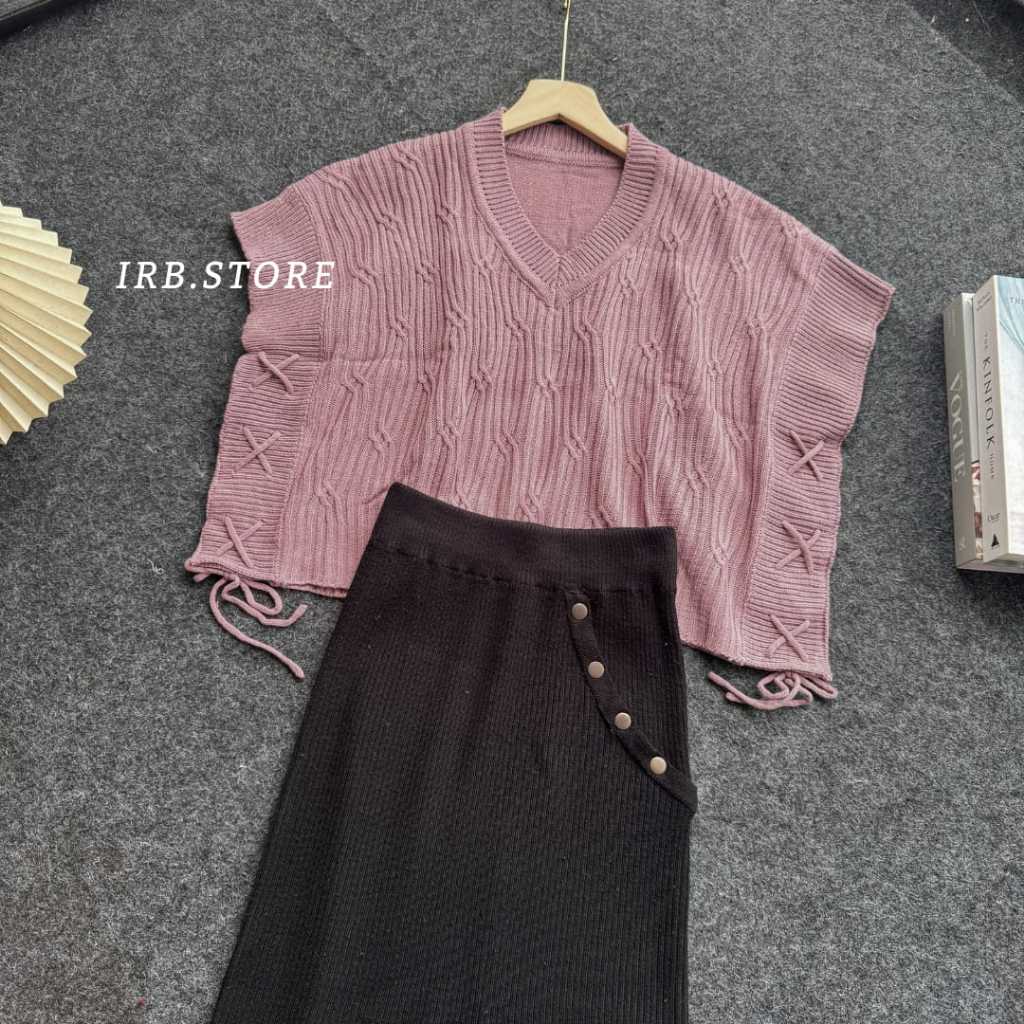 ONESET ROK + KULOT VEST RIZQIA CROP RAJUT ATASAN WANITA ROMPI TALI SERUT KERAH V-NECK PREMIUM