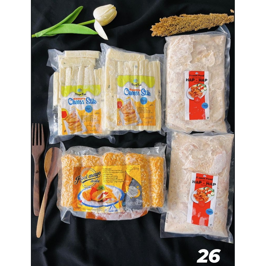 

Paket Hemat Dbaloy No. 26 | Chees stik 2, Ayam lalap 2, Risol mayo jumbo 1.