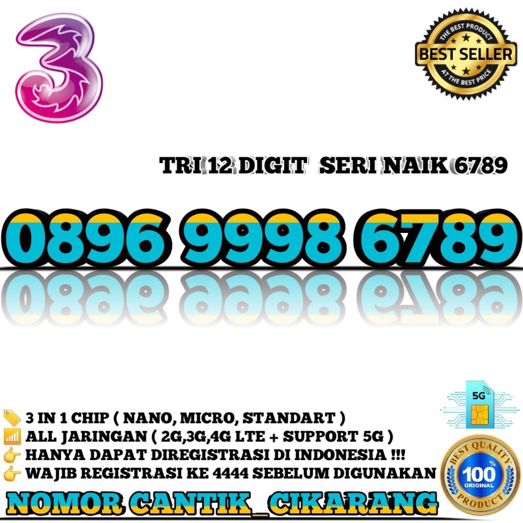 NOMOR CANTIK TRI  KARTU PERDANA NOMOR CANTIK TRI NOMOR CANTIK TRI 12 DIGIT SERI 6789 9998