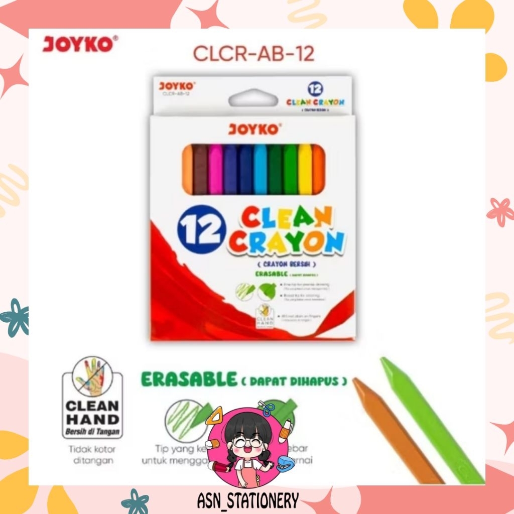 

Clean Crayon CLCR AB 12 Colors / Krayon Bersih 12 Warna Dapat Dihapus / Erasable Crayon / Crayon Joyko